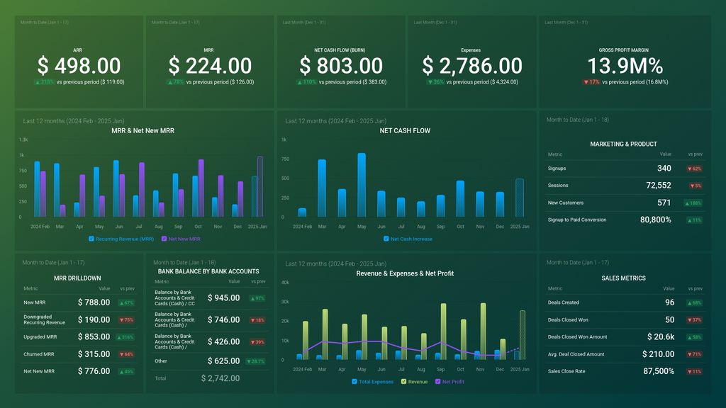 SaaS Leadership Dashboard Template (Profitwell + QuickBooks)