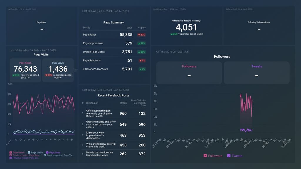 Facebook and X (Twitter) Performance Overview Dashboard Template