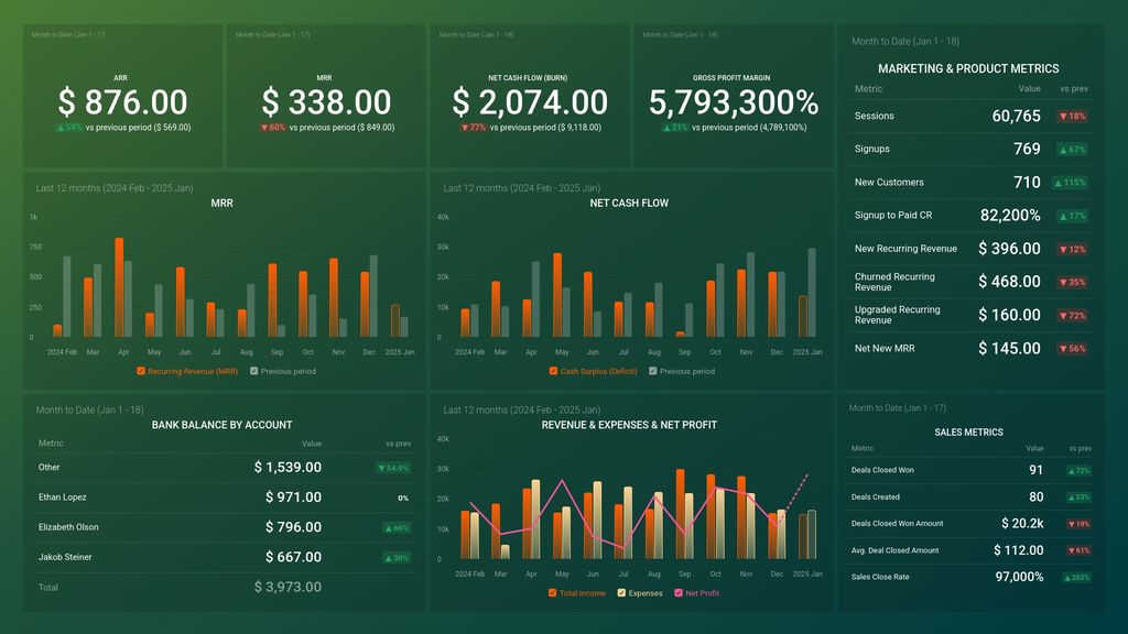 SaaS Leadership Dashboard Template (Profitwell + Xero)