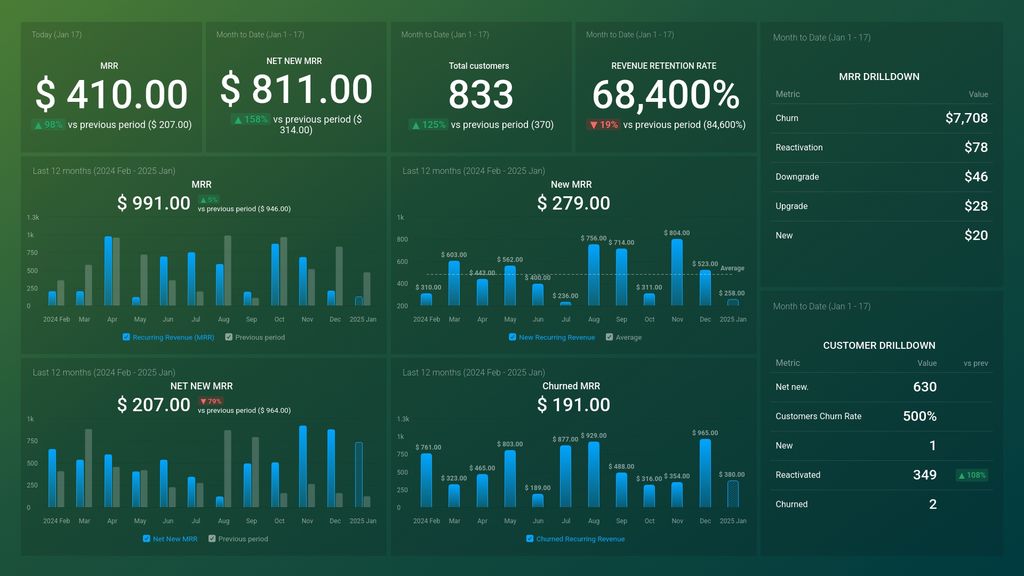 Profitwell SaaS MRR Drilldown for Leadership Dashboard Template