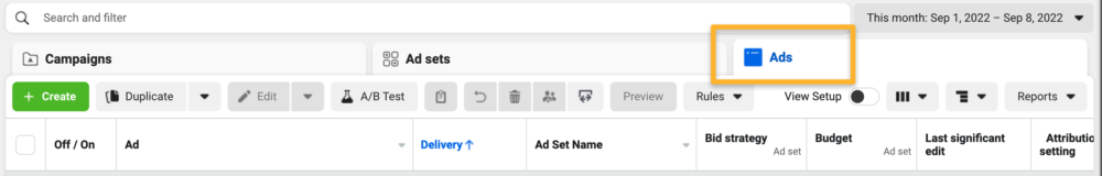 Ads tab in Facebook ads manager