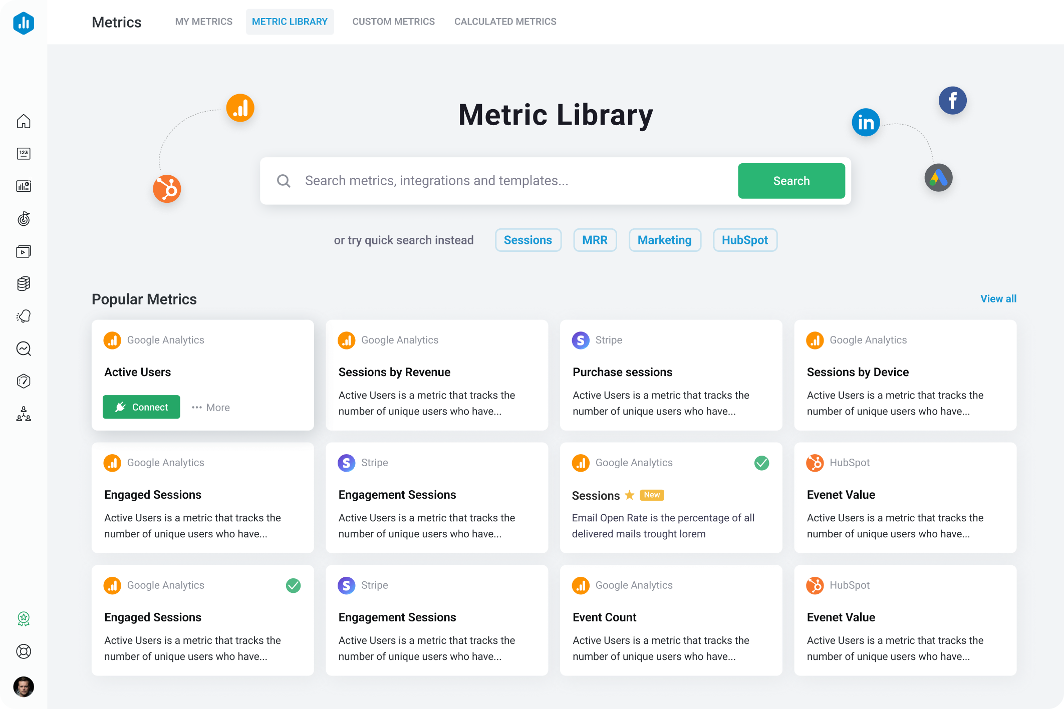 Metric Library screen