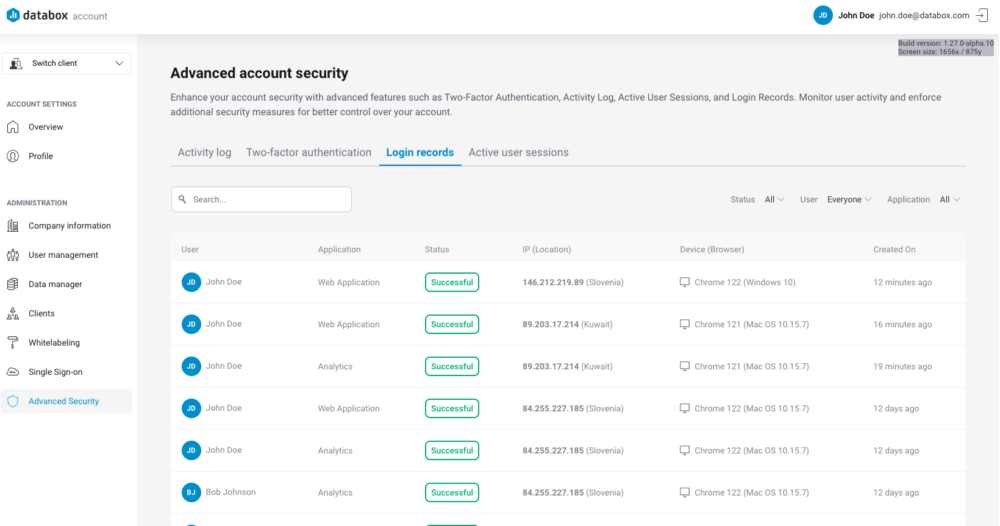 Login records in the Account Management Application.