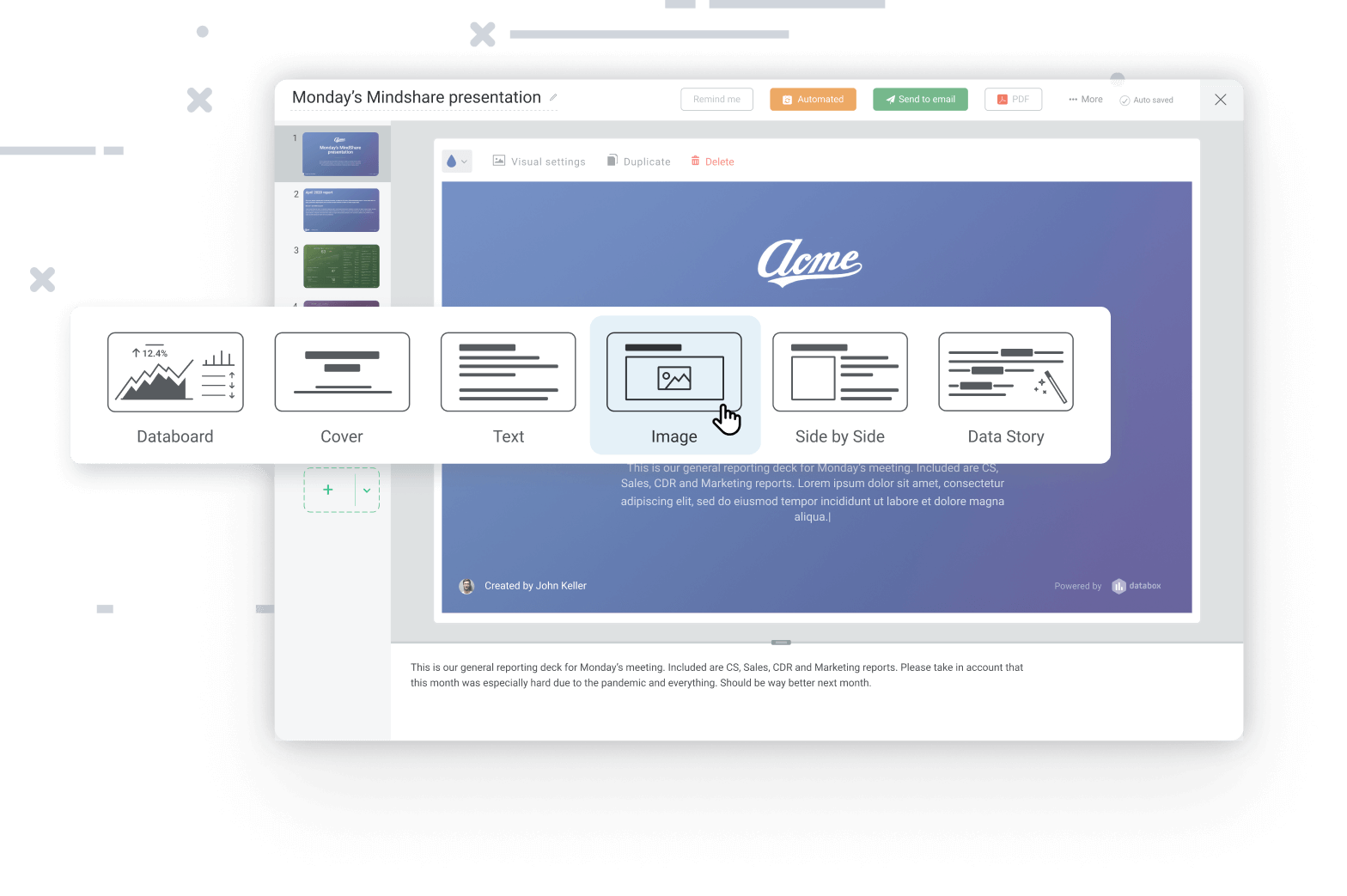 Databox Allows You To Select Between Several Slide Types to Build your Report