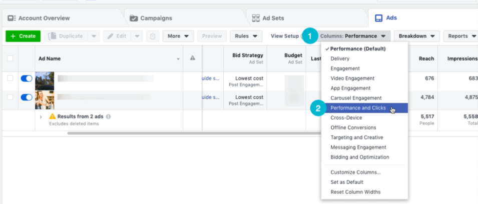 choose Performance and Clicks in the Columns drop-down menu